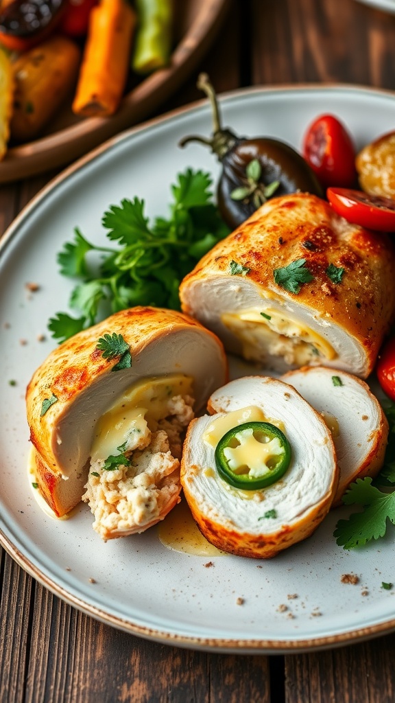 Stuffed chicken breast filled with creamy jalapeño mixture, garnished with cilantro and served with roasted vegetables.